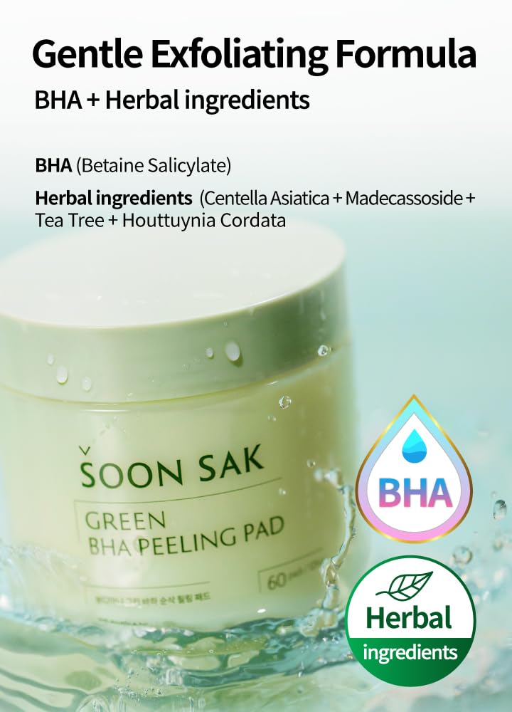 Green BHA soon sak peeling pad, 60pads, facial peel, Korean toner pads, exfoliator, pore tightening, soothing & hydrating, skincare pads, chemical peel, fruits extract
