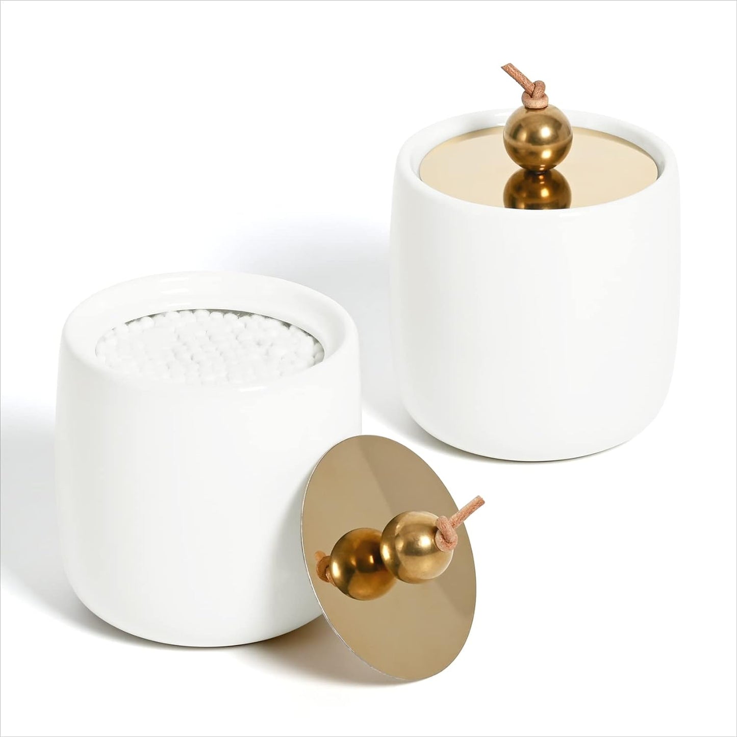 2 Pack Ceramic Qtip Holder Dispenser with Gold Lids, White Apothecary Jars Bathroom Vanity Organizer for Home Decor - Bathroom Canister for Cotton Swabs, Rounds, Balls, Makeup Sponges, Bath Salts