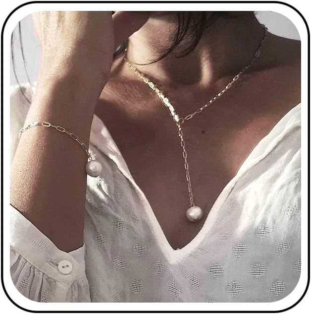 Boho Long Pearl Necklace Gold Lariat Y Necklace Choker Pearl Pendant Necklace Vintage Minimalist Necklace Chain Jewelry for Women and Girls