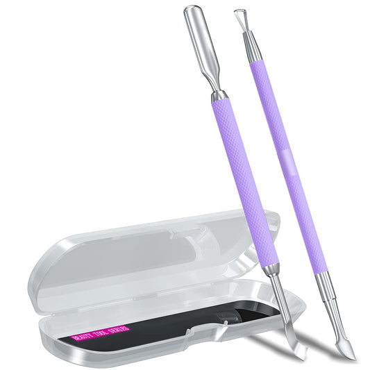 2PCS Metal Lavender/Taro Purple Cuticle Pusher and Cutter Remover Salon Quality Stainless Steel Gel Nail Polish Peeler Scraper Durable Manicure and Pedicure Cleaner Tool For Fingernail and Toenail