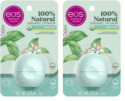 eos 100% Natural & Organic Lip Balm- Sweet Mint, Dermatologist Recommended, All-Day Moisture, Made for Sensitive Skin, Lip Care Products, 0.25 oz (Pack of 2)