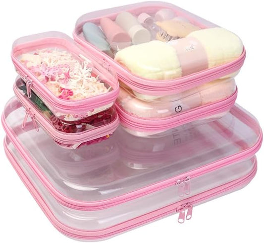3PCS Clear Zipper Cases, Portable Clear Organizer Pouches for Travel, Double Zippered Hard Shell Plastic Case, Cosmetic Bag for Make Up Tools, Toiletries, Toy Storage (Pink, 2 Pack)