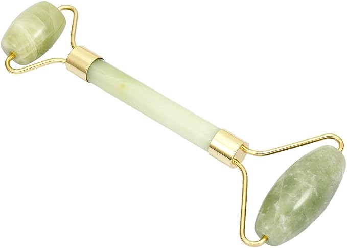 Rockcloud Natural Crystal Stone Roller Massager Double Neck Face & Neck Massage Therapy Anti-Aging Wrinkle Healing Slimming Skincare Tool, Xiuyan Jade