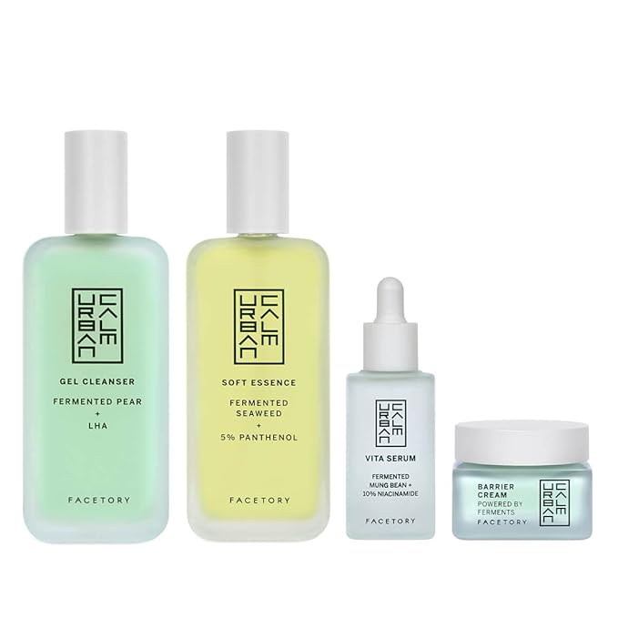 Urban Calm Collection - Fermented Skincare Bundle - for All Skin Types - Anti-Aging Skincare Set for Hydrating, Firming, Exfoliating, Soothing - With Cleanser, Essence, Serum, and Cream