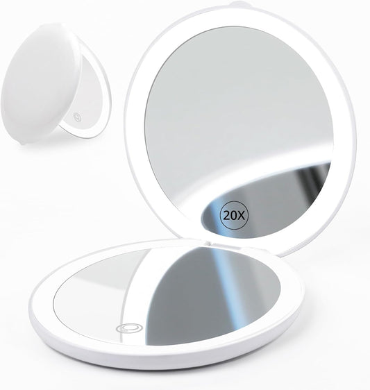 Fabuday Travel Compact Magnifying Makeup Mirror with Lights - Large 4.8'' Wide Led Lighted Portable Mirror with 1x/20x Magnification, Rechargeable Small Foldable 3 Color Lighting Mirrors, White