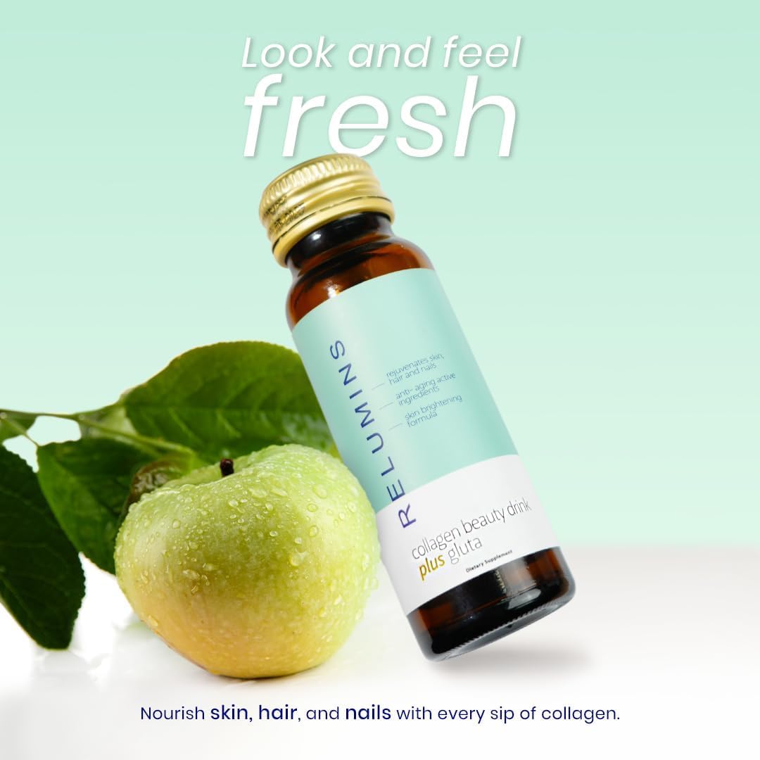 Relumins Advanced Collagen Beauty Drink with Glutathione, Hyaluronic Acid & Antioxidants - Post-Summer Skin Recovery & Shots for Radiant Skin, Hair & Nails - Apple Flavor - 30 Bottles x 50mL