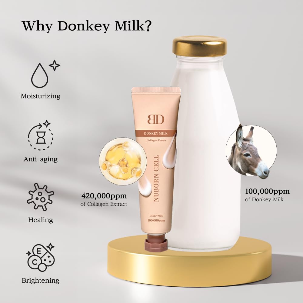 Nuborn Cell Donkey Milk Collagen Cream | Instant glow with 10% Donkey Milk | Type 1 Collagen for Visibly Smooth and Dewy Skin | All Skin Types 65ml