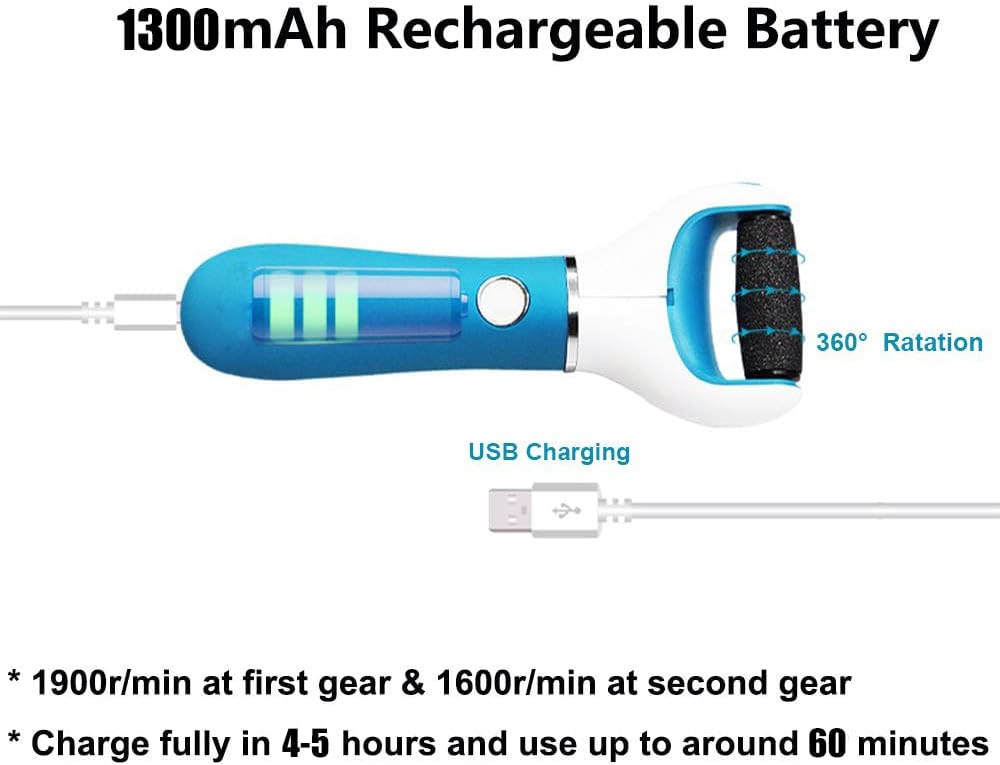 BOMPOW Foot Scrubber Electric Callus Remover Rechargeable Foot File Hard Skin Remover Pedicure Tools Electronic Callus kit for Cracked Heels and Dead Skin with 2 Roller Heads, Blue