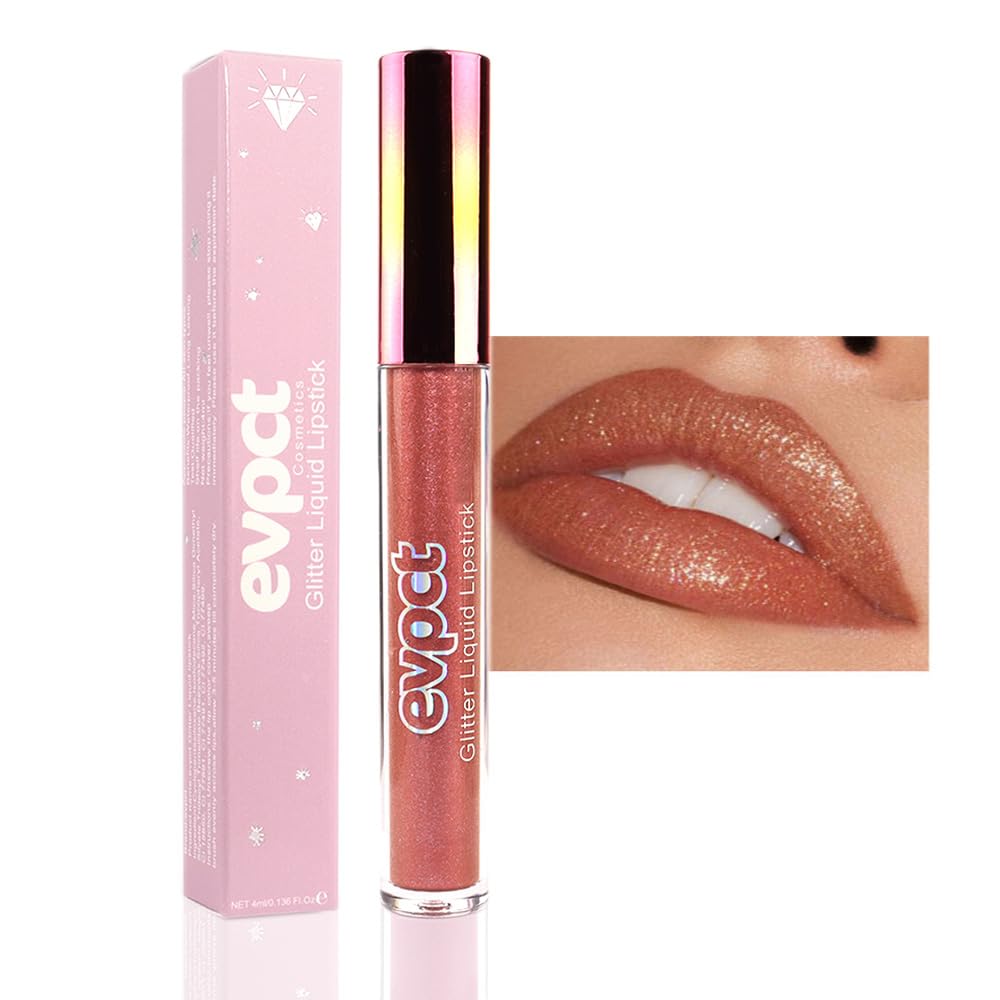 evpct 1Pcs Bronze Gold Matte to Glitter Liquid Lipstick Lip Set Kit, Long Lasting Matte Diamond Glitter Lipstick Waterproof, Colorful Sparkly Glossy Metallic Shimmer Sparkle Lip Gloss for Women 05#