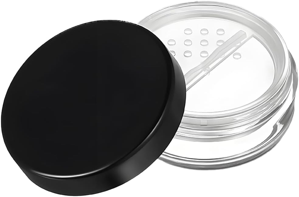 HAHIYO 1Pcs 20ml/0.68oz Plastic Empty Travel Compact Case Makeup Cosmetic Jar Refillable Powder Box No Leak Holder with Rotatable Sifter and Black Screw Lid