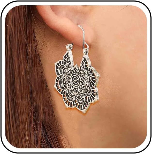 Boho Mandala Flower Earrings Gold Drop Dangle Earrings Tribal Earrings Vintage Ethnic Hoop Earrings Jewelry for Women and Girls