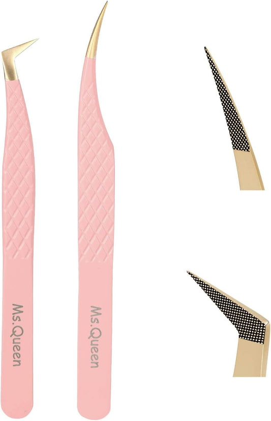 Ms.Queen Lash Extension Tweezers,2Pcs Fiber Tip Grip Boot Volume Tweezer and Dolphin Isolation Eyelash Tweezers