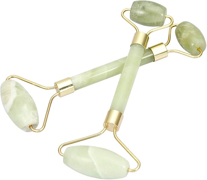 Rockcloud Natural Crystal Stone Roller Massager Double Neck Face & Neck Massage Therapy Anti-Aging Wrinkle Healing Slimming Skincare Tool, Xiuyan Jade