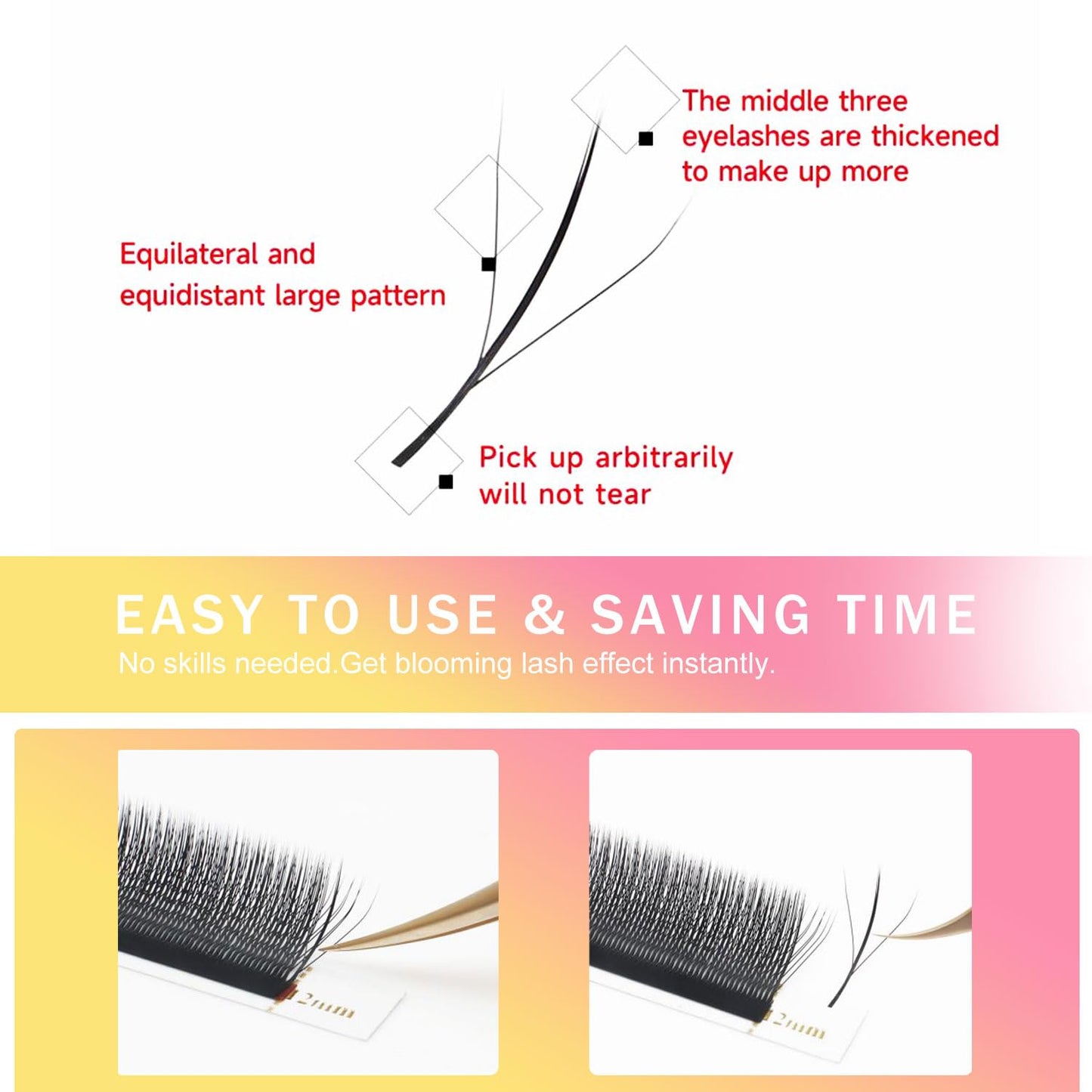Lash Extensions Three Core Tips 3D Eyelash Extensions W Shape 0.07mm Thickness C Curl 15mm Premade Fans Easy Fan Volume Lashes Matte Black Crisscross(W-3D-Three Core-0.07-C,15mm)