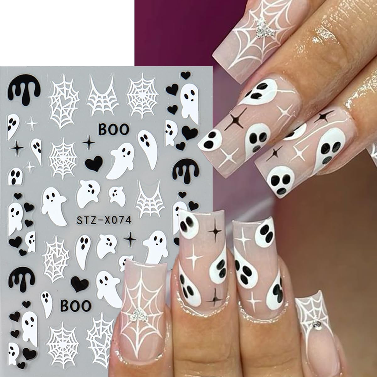 Halloween Nail Stickers 3D Self Adhesive Nail Art Stickers Ghost Nail Decals Spider Web French Tips Heart Flame Black White Design Spider Nails Sticker for Nails Art for Women DIY Manicure 6 Sheets
