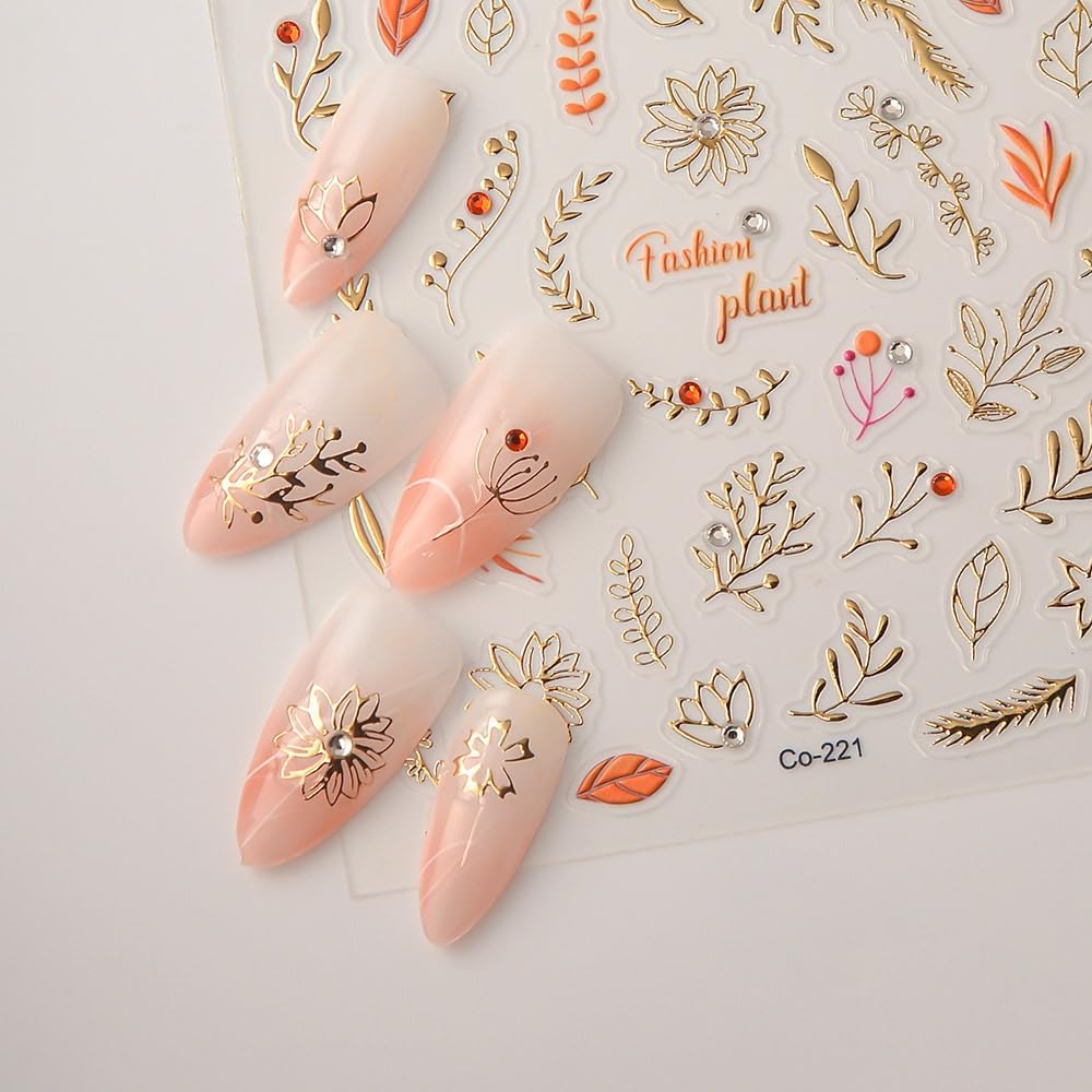 Fall Leaves Nail Art Stickers 5D Embossed Autumn Maple Nail Stickers Gold, Self-Adhesive Durable Nail Art Decals for Women Girls, Nail Wraps Decoration Manicure for DIY Acrylic Nail Accessories