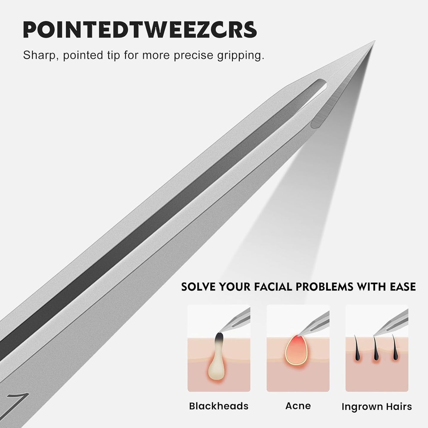 Pointed Tweezers for women Facial hair, Precision Tweezers for Eyebrows, Chin Hair，Ingrown Hair, Splinters, Glass Removal（Silver）