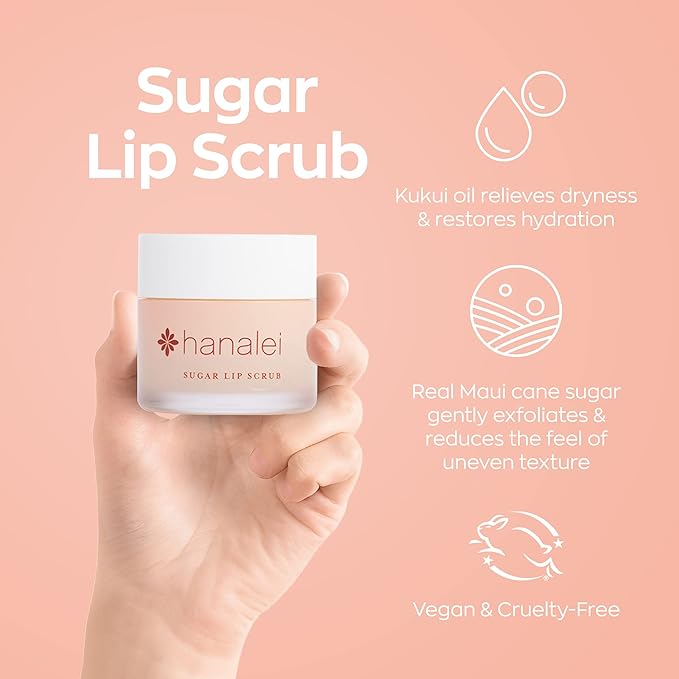 Hanalei Vegan and Cruelty-Free Sugar Lip Scrub Exfoliator | Hawaiian Cane Sugar, Kukui Oil, Shea Butter | Exfoliate, Smooth, Rejuvenate Lips | Made in USA | Lip Care (22 g)