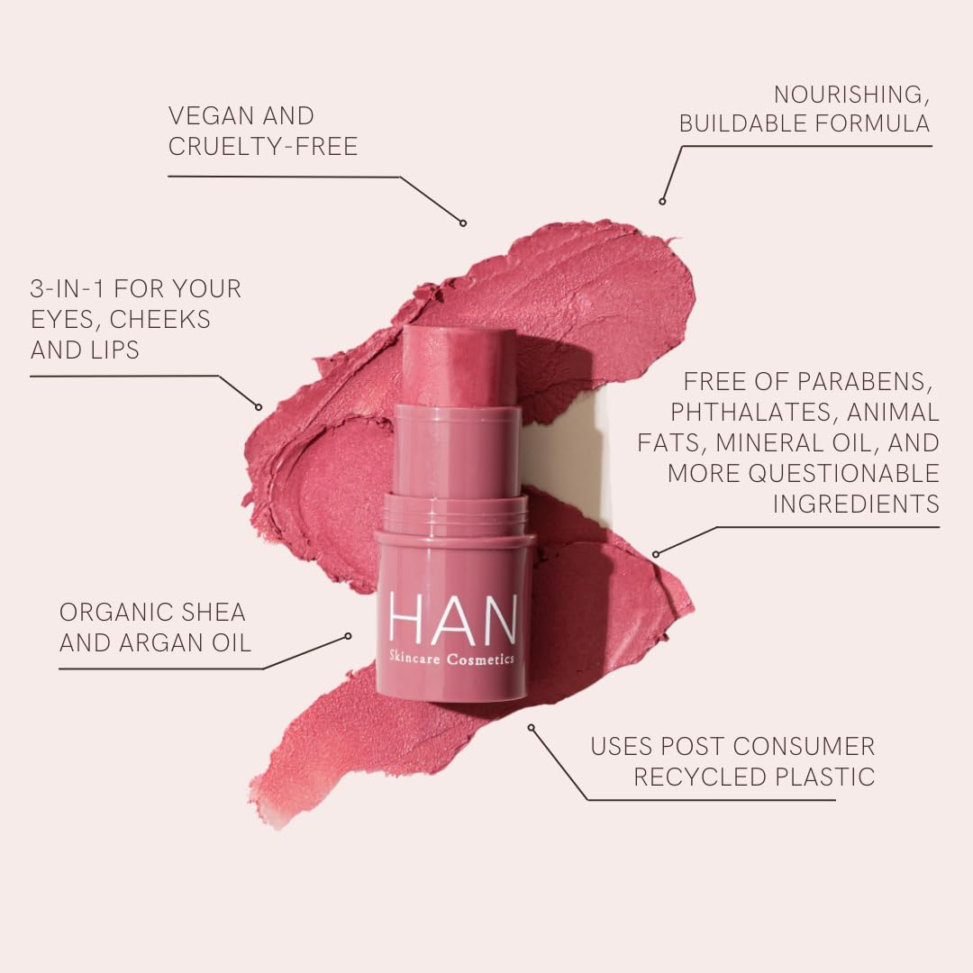 HAN Skincare Cosmetics Vegan, Cruelty-Free 3-in-1 Multistick for Cheeks, Lips, Eyes, Coral Hibiscus | Large