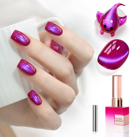 Double Rhythm 0.5 OZ Cat Eye Gel Polish with Magnet 15ML Holographic Glitter Shimmer Translucent Jelly Color Magnetic Nail Polish Salon DIY at Home (Red Purple-MC1261)