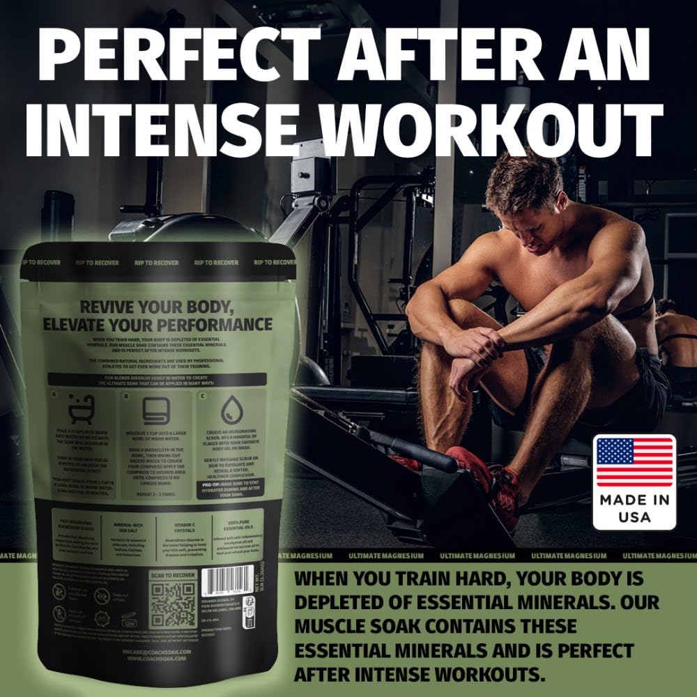 Coach Soak: Recovery Bath Soak – Rejuvenating Post Workout Natural Magnesium Flakes - 21 Minerals, Essential Oils & Dead Sea Bath Salts - Absorbs Faster Than Epsom Salts, 3lbs (Eucalyptus Tea Tree)