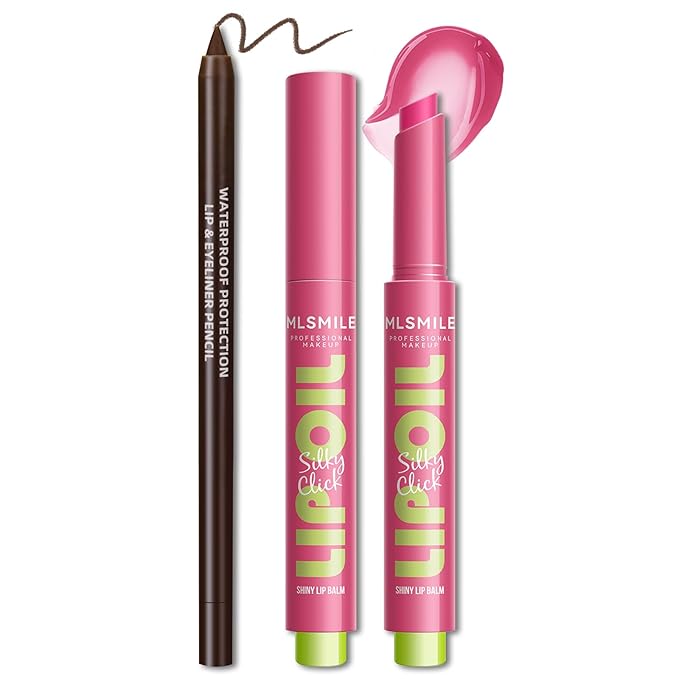 2 in 1 Solid Click Lip Gloss Pen With Brown Lip Liner Set Moisturizing Long Lasting Light Pink High Glossy Jelly Tinted Lip Balm Juicy Buildable Lip Plumper Makeup for Women