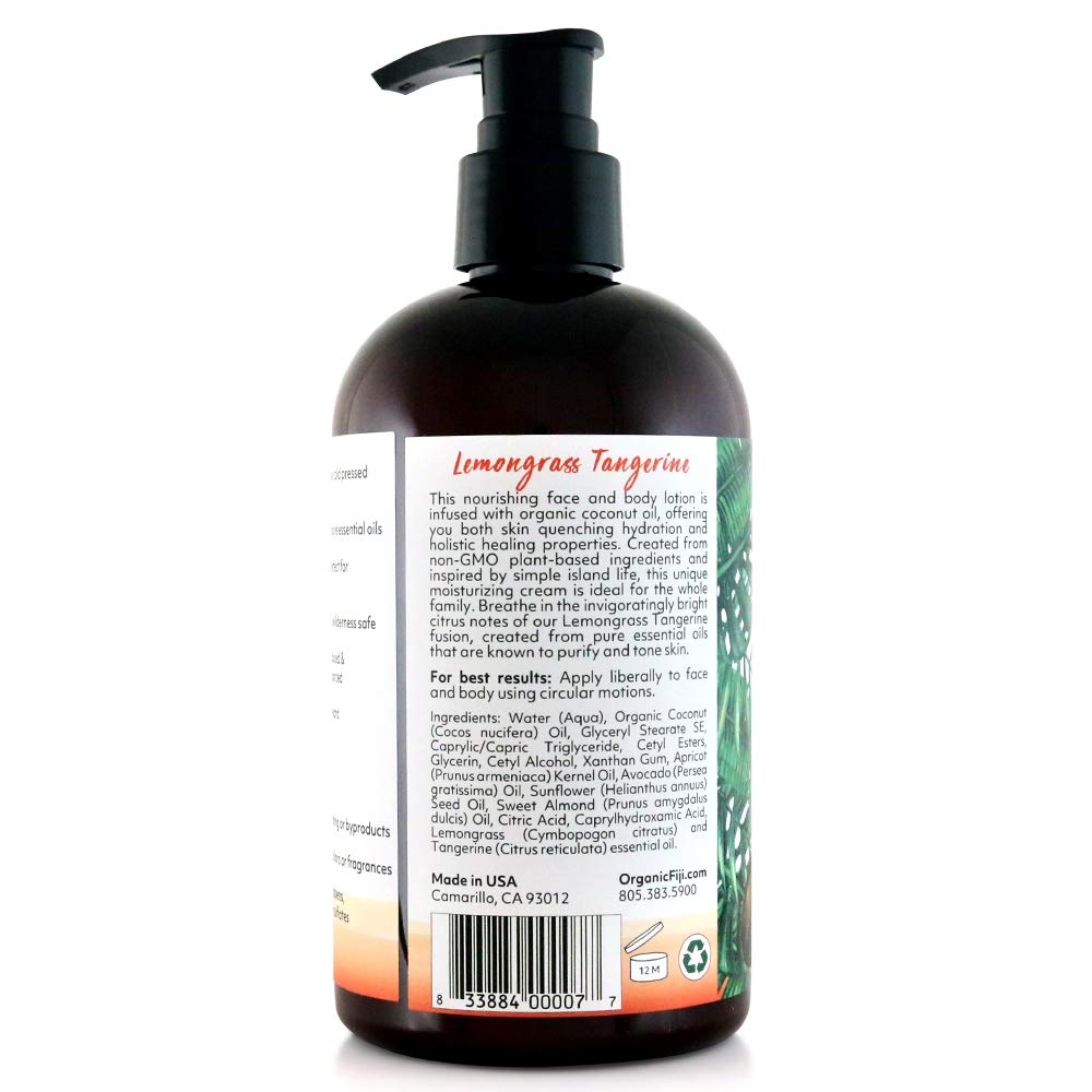 Coco Fiji Face & Body Lotion Infused With Coconut Oil | Lotion for Dry Skin | Moisturizer Face Cream & Massage Lotion for Women & Men | Lemongrass Tangerine 12 oz, Pack of 1