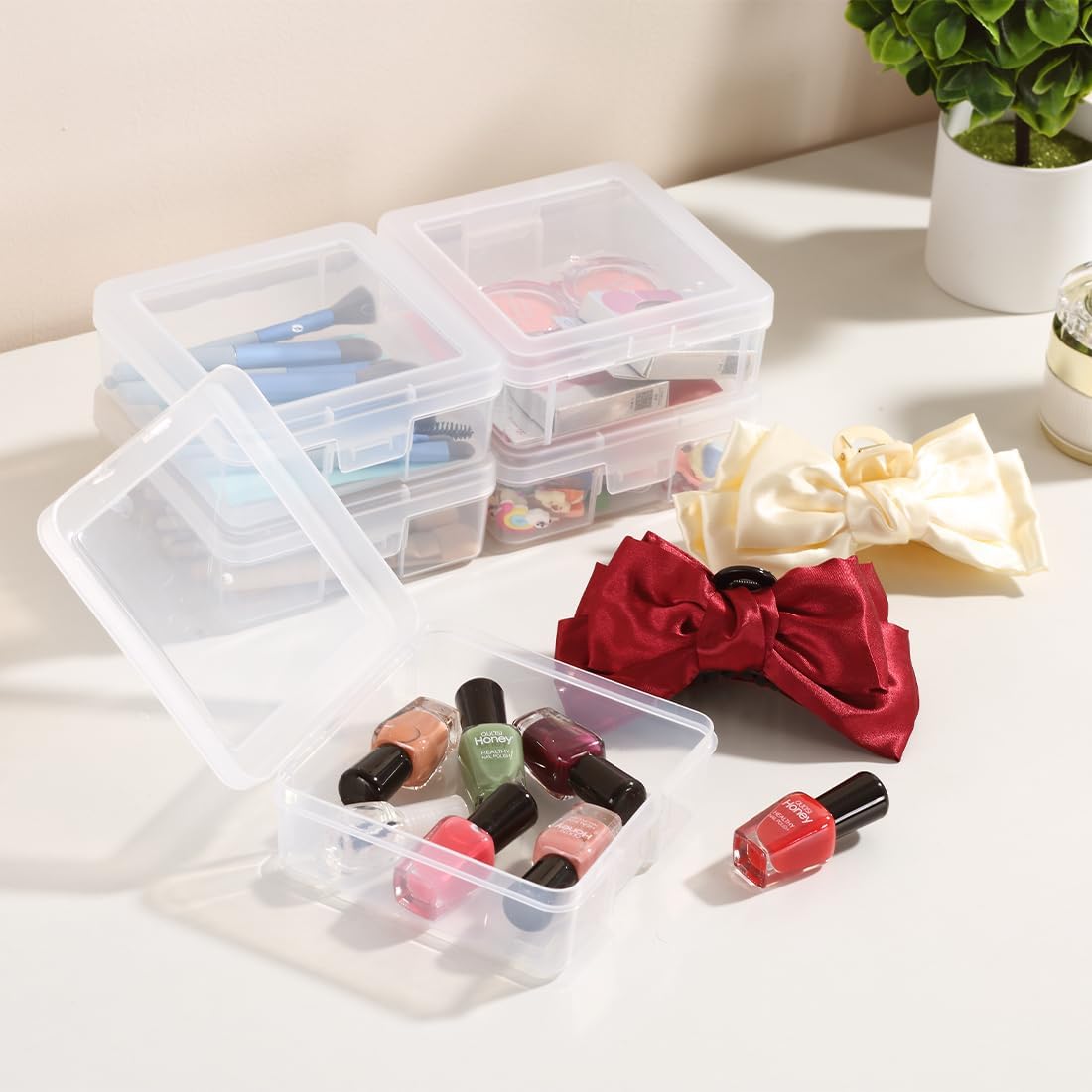 18 Pack Storage Containers with Latching Lid Small Size 5" x 5"x 1.9" Plastic Clear Boxes for Office,Beauty