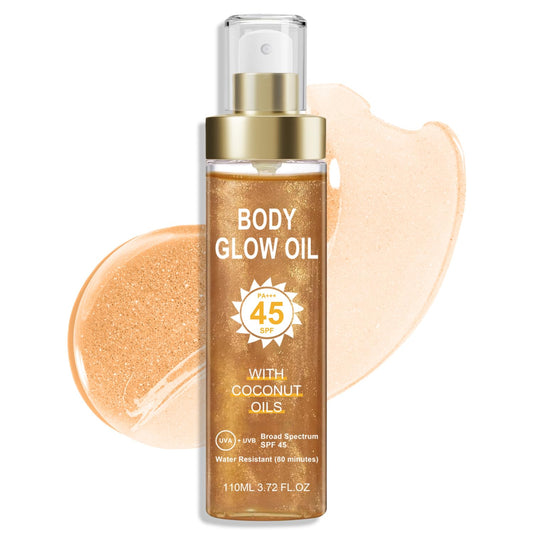 Body Glow Oil, Sunscreen Shimmer Oil, SPF 45 Broad Spectrum, Body Oil with with Coconut Oils, Moisturizing Glow for Face & Body, Liquid Illuminator Highlighter, Water Resistant, 3.72 fl oz (#3 AMBER)