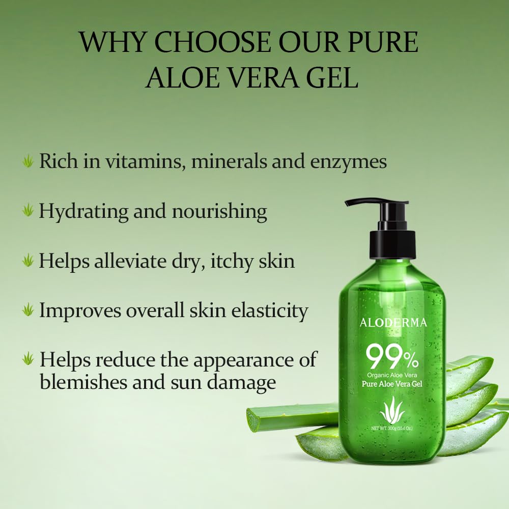 Aloderma 99% Organic Aloe Vera Gel Made within 12 Hours of Harvest - Pump Bottle - Lightweight Aloe Gel for Face and Body, Soothing and Hydrating Sunburn Relief, Great for Scalp & Hair, 3btls x 10.6oz