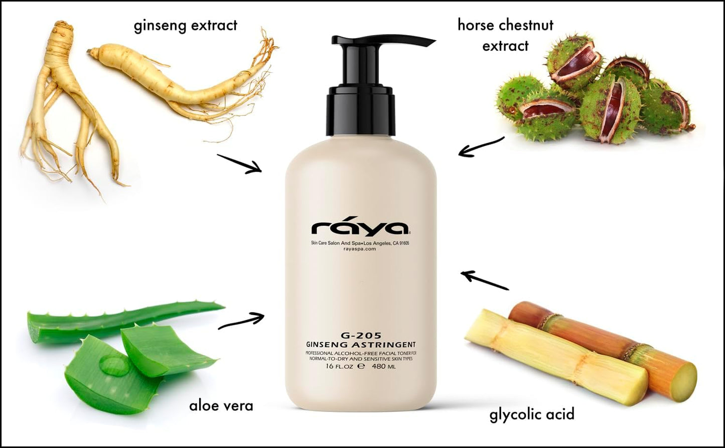 RAYA Ginseng Astringent with AHA 16 oz (G-205) | Gentle Glycolic Facial Toner for Dry and Sensitive Skin | Helps Tighten Pores, Smooth Complexion, and Reduce Fine Lines | Made With Alpha Hydroxy Acids