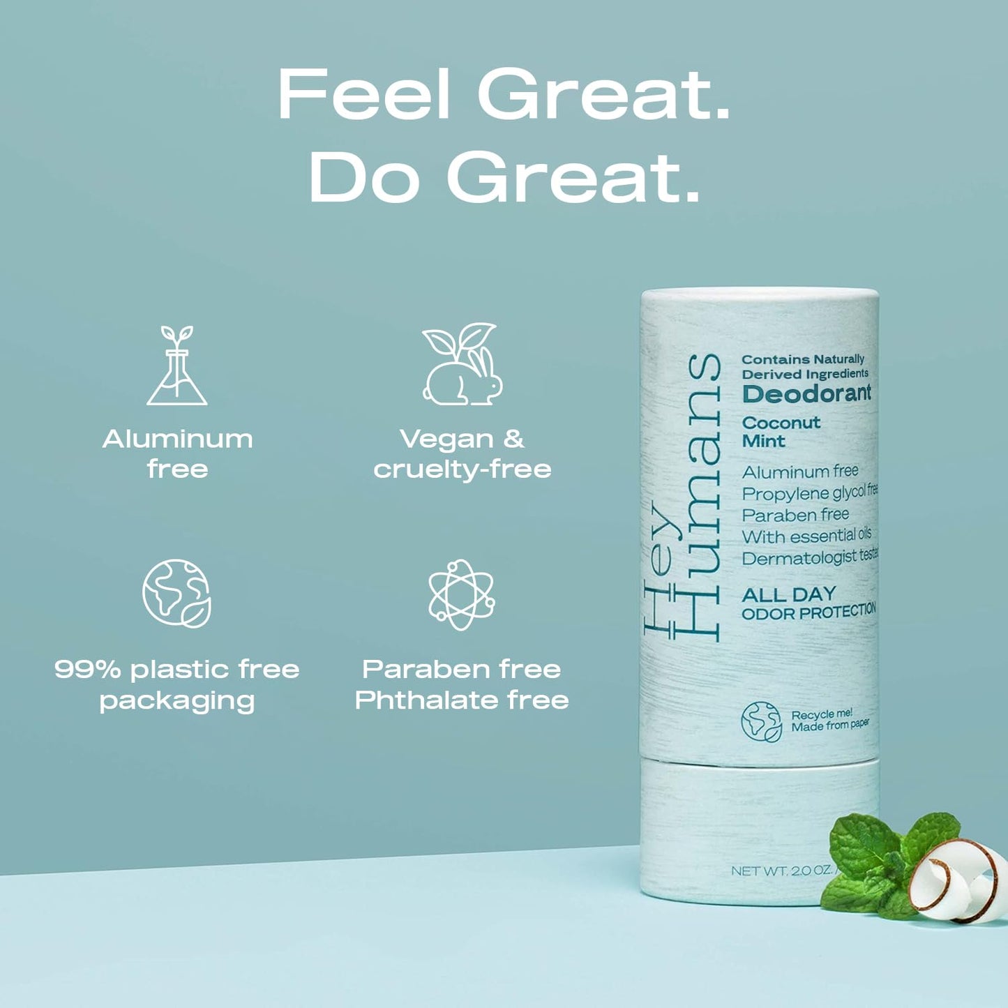 Hey Humans Deodorant, Aluminum Free Deodorant for Women and Men, Contains Naturally Derived Ingredients, All Day Odor Control, Refreshing Essential Oils, Earth Friendly Package, Coconut Mint