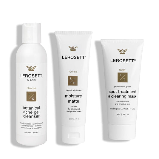 LEROSETT Acne Kit Includes Cleanser Moisturizer & Spot Treatment Mask Organic Calming Aloe & Clay Based, Clears Acne, Pimples, Blackheads & Breakouts, Vegan Acne Kit, For All Skin Types