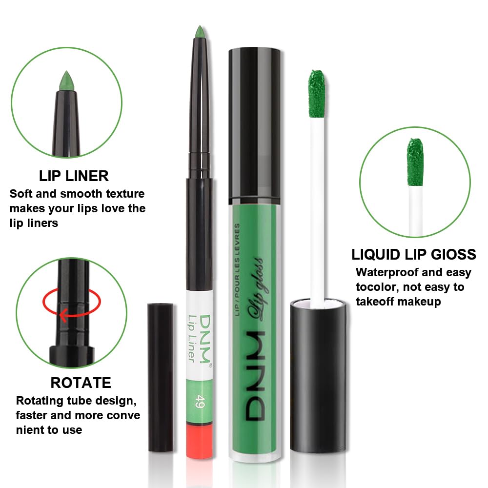 evpct 2Pcs Light Festival Green Matte Liquid Lipstick Lip Gloss Stain and Retractable Lip Liner Makeup Set for Women Long Lasting Waterproof 24 Hours Lipstick labial mate larga duracion 24 49#
