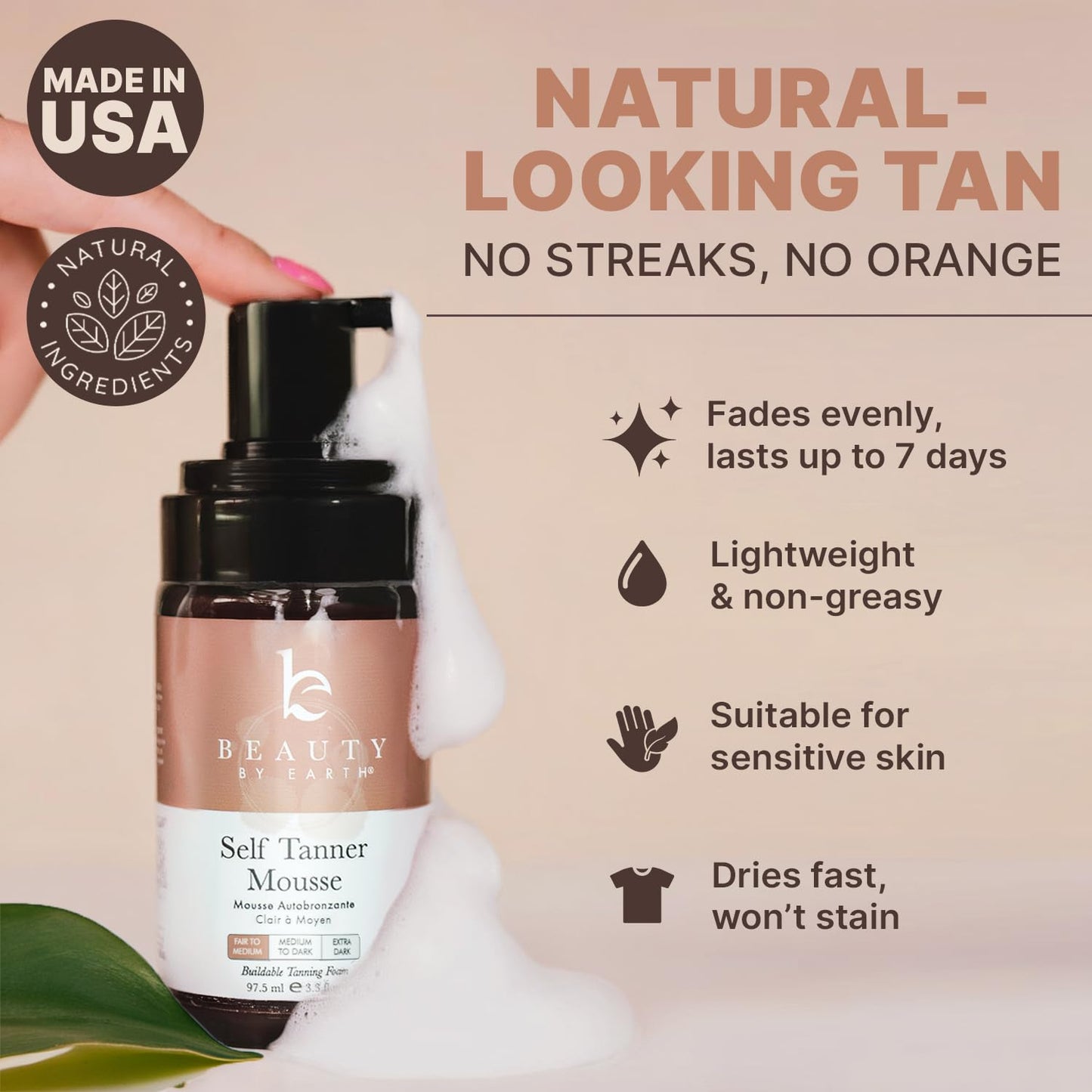 Self Tanner Mousse - USA Made with Natural & Organic Ingredients, Self Tanning Mousse for Fake Tan, Sunless Tanner for Pale Skin, Clear & Non Toxic Tanning Foam for Streak Free Finish, No Orange Color