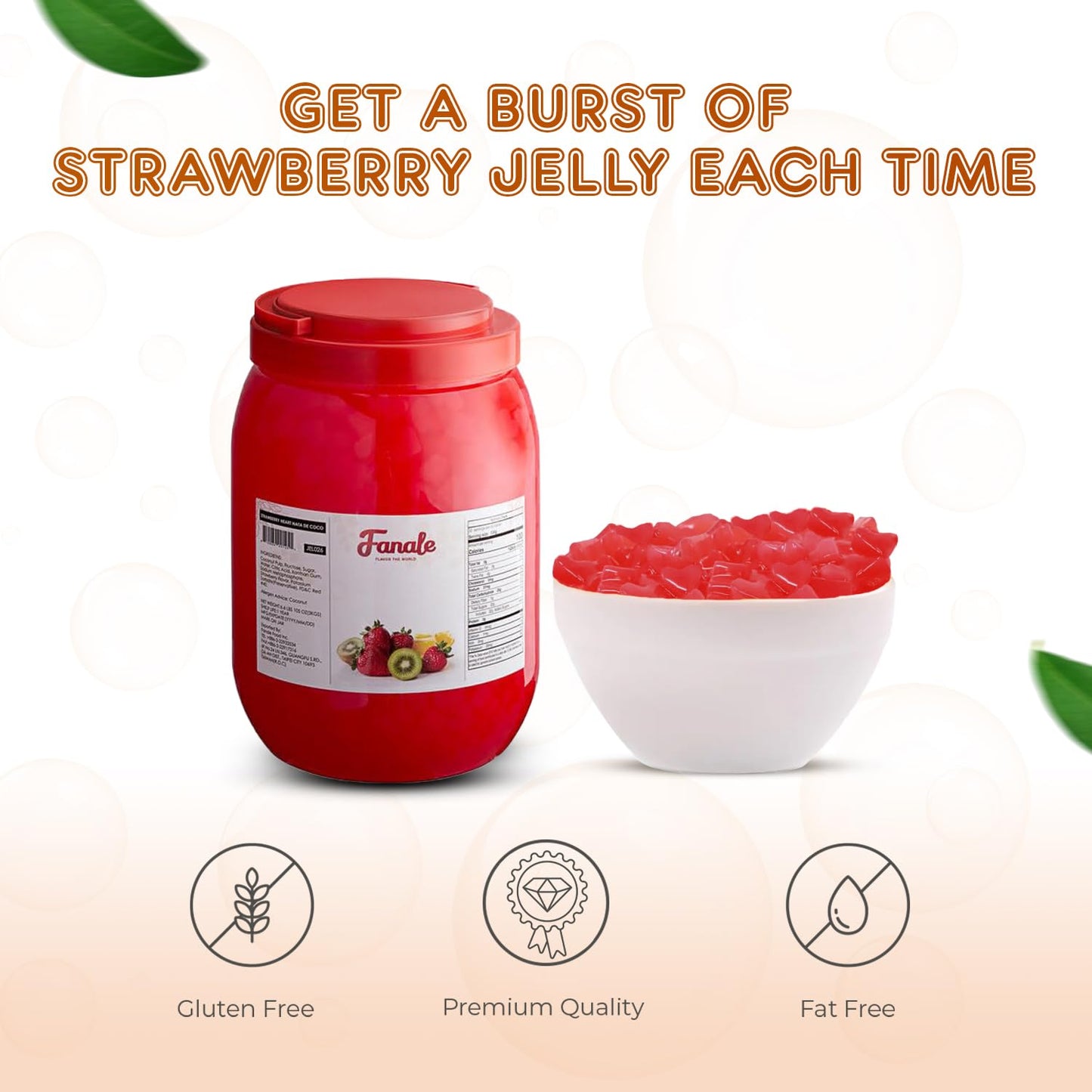 Fanale Coconut Jelly Topping nata de coco for Boba Tea | Ice Cream | Yogurt | Smoothie | Milk Tea | Desserts (Strawberry Heart Shaped, 6.6 lb) | JEL026