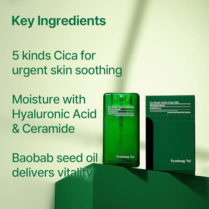 Pyunkang Yul PKY Ultimate Get Ready Quick Clear Mist for Sensitive Skin, Intensely Calms & Soothes Redness with Cica & Tea Tree, Compact size, Korean Skincare (0.51 Fl. oz, 15ml)