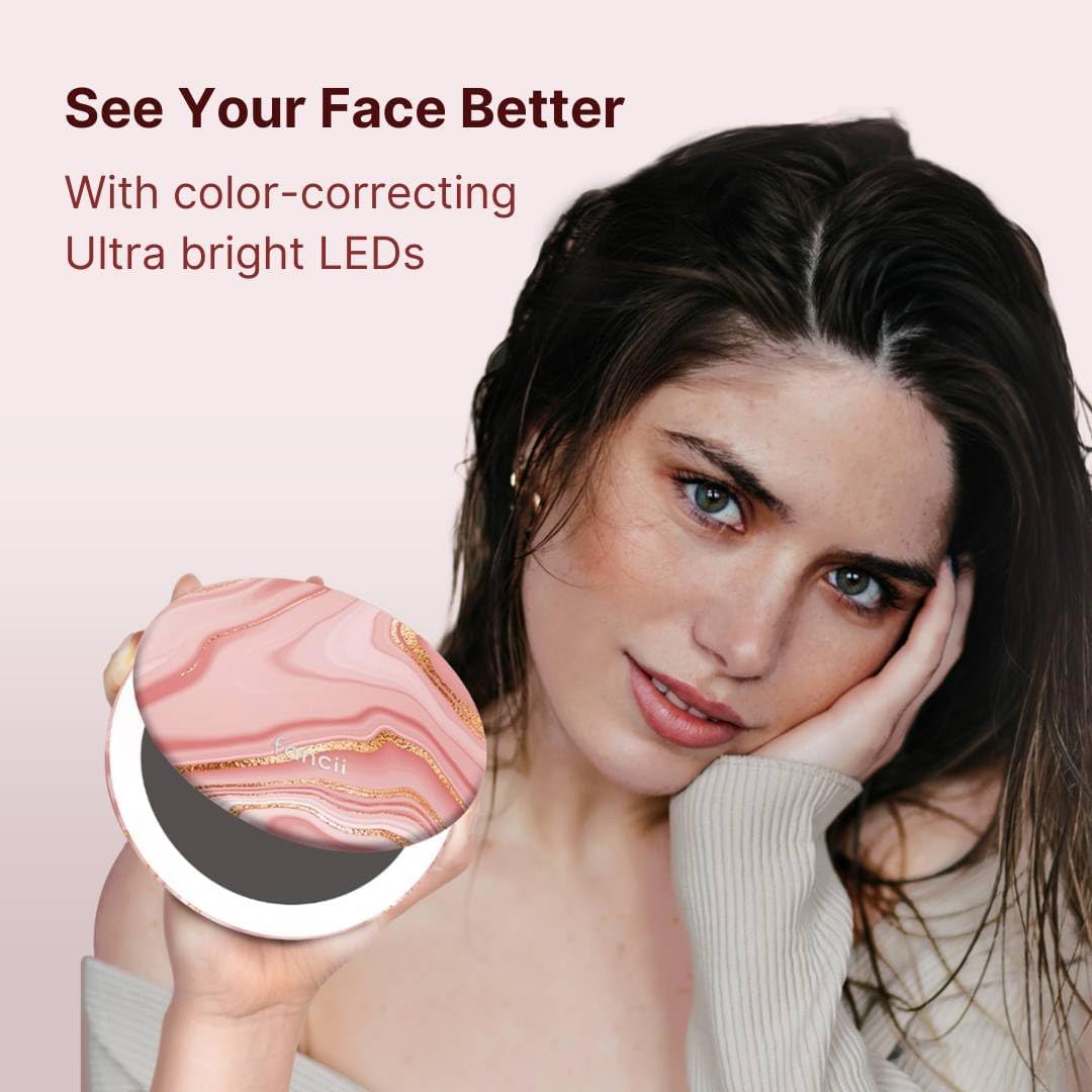 Fancii Taylor LED Lighted Travel Makeup Mirror, Rechargeable, 10x /1x Magnifying, Tru-Glow Lighting System, XL Large 5” Wide | Compact Mirror for Purses (Marble Rose)