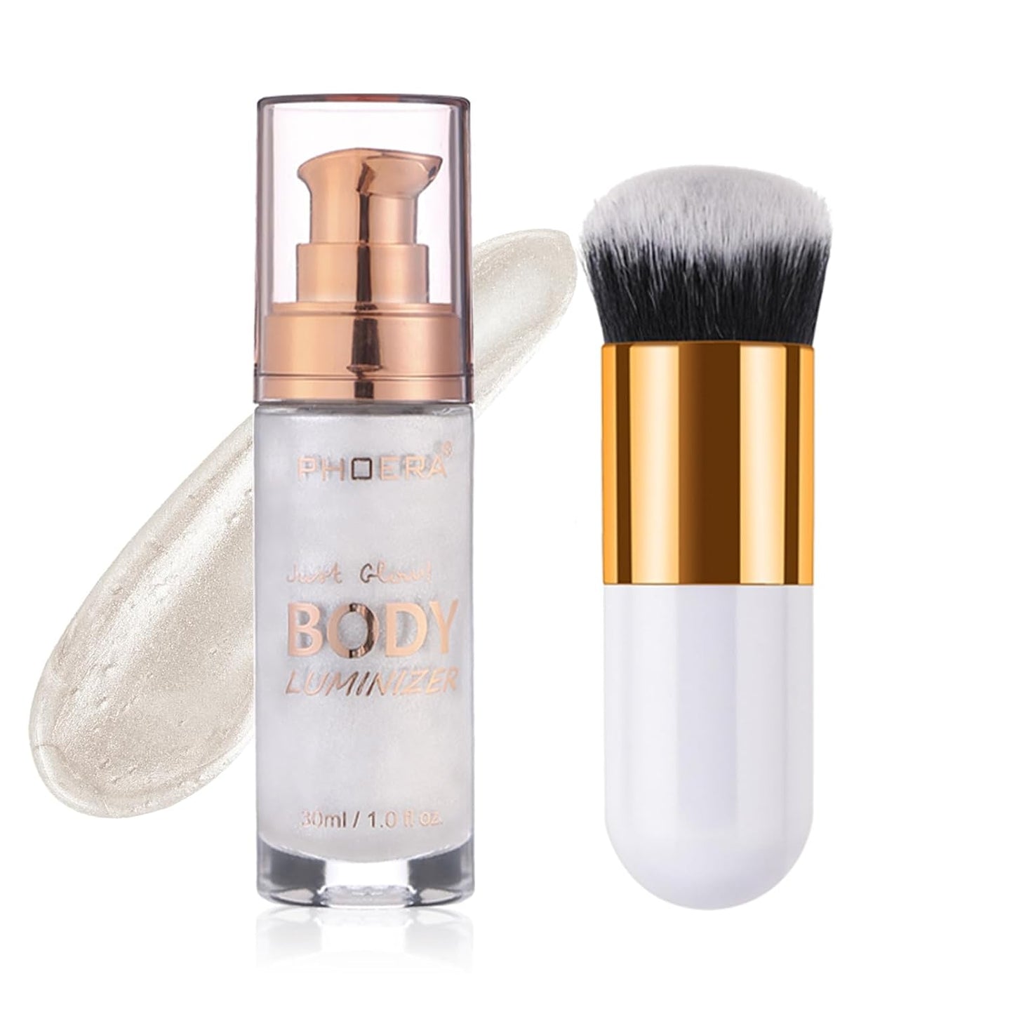 Body Shimmer Oil, Waterproof Long Lasting Moisturizing Bronze Body Luminizer Glow For Face & Body, Liquid Illuminator Body Highlighter 1oz/Jars, Makeup Brush Include (Diamond Platinum #05)