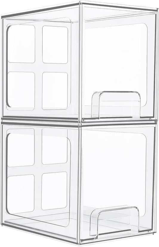 Vtopmart 2 Pack Stackable Storage Drawers, 6.6''Tall Acrylic Bathroom Makeup Organizers,Clear Plastic Storage Bins For Vanity, Undersink, Kitchen Cabinet,Pantry Organization and Storage