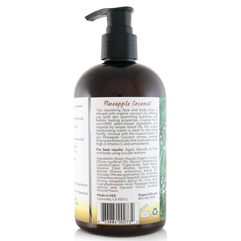 Coco Fiji Face & Body Lotion Infused With Coconut Oil | Lotion for Dry Skin | Moisturizer Face Cream & Massage Lotion for Women & Men | Pineapple Coconut 12 oz, Pack of 1
