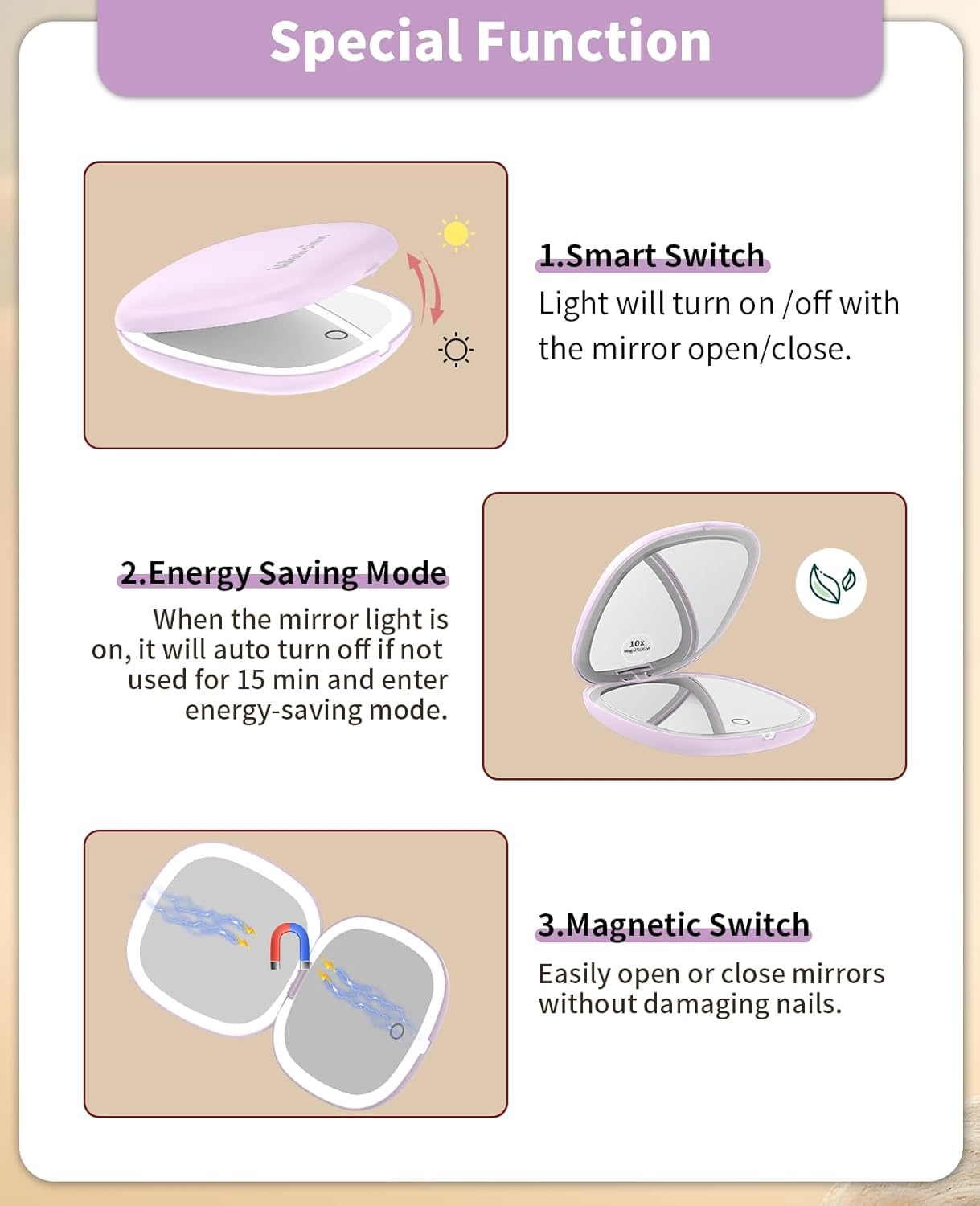 WOBSION Rechargeable Lighted Travel Makeup Mirror,1x/10x Compact Magnifying Mirror with Lights,Portable for Bag,4inch,Gift,Purple