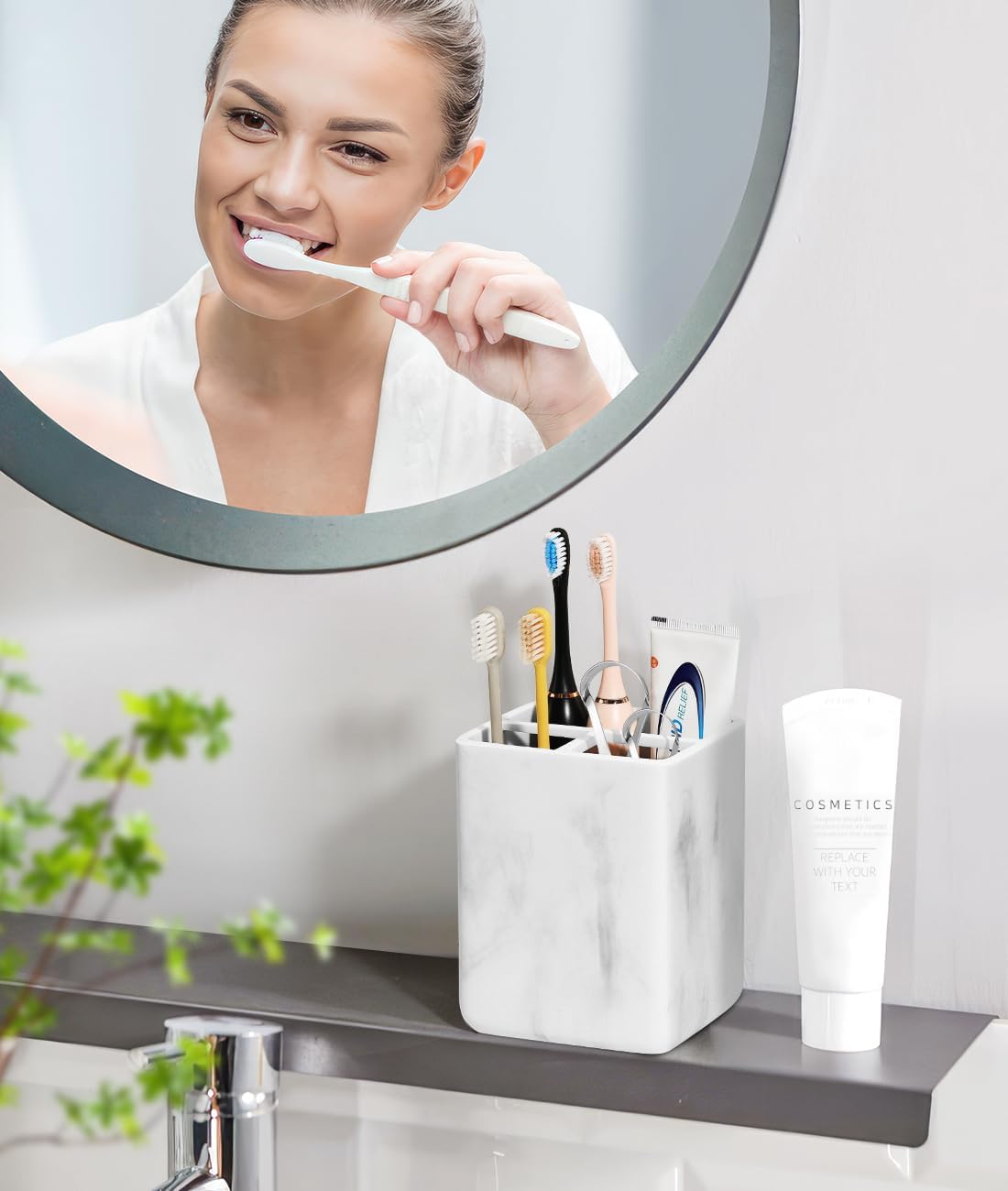 Luxspire Toothbrush Holders, 3 Slots Toothpaste & Toothbrush Holder for Bathroom, Resin Toothbrush Stand, Electric Toothbrush Holder with Drain Hole, Bathroom Organizer Countertop, Gravel White