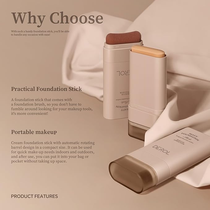 Foundation Stick, Multi-Use Foundation Stick Makeup with Built-In Foundation Brush, Lightweight Buildable Medium-to-Full Coverage, Longwear Contour Stick Foundation Face Stick, Natural Finish