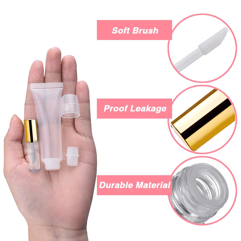 AMORIX 50PCS Mini 1.2ml Lip Gloss Tubes with Wand Empty Lip Gloss Containers Refillable Travel Lip Balm Tubes for Samples with 5ml Syringes DIY Lip Gloss Base + Labels (Gold)