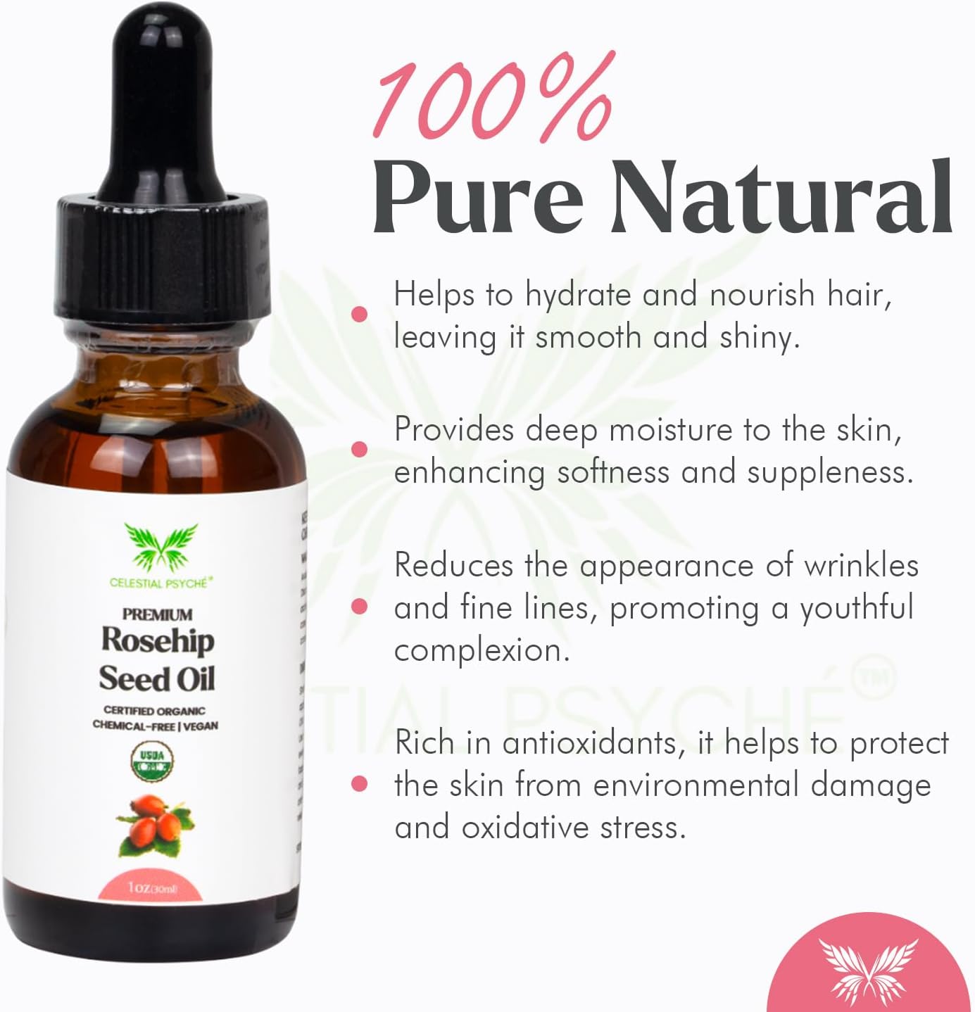 USDA Certified Organic Rosehip Seed Oil (1 Oz) 100% Pure Natural, Chemical-Free, Hair Moisturizer, Skin Hydration, Natural Beauty, Anti-Aging, Wrinkles Reduction, Antioxidants