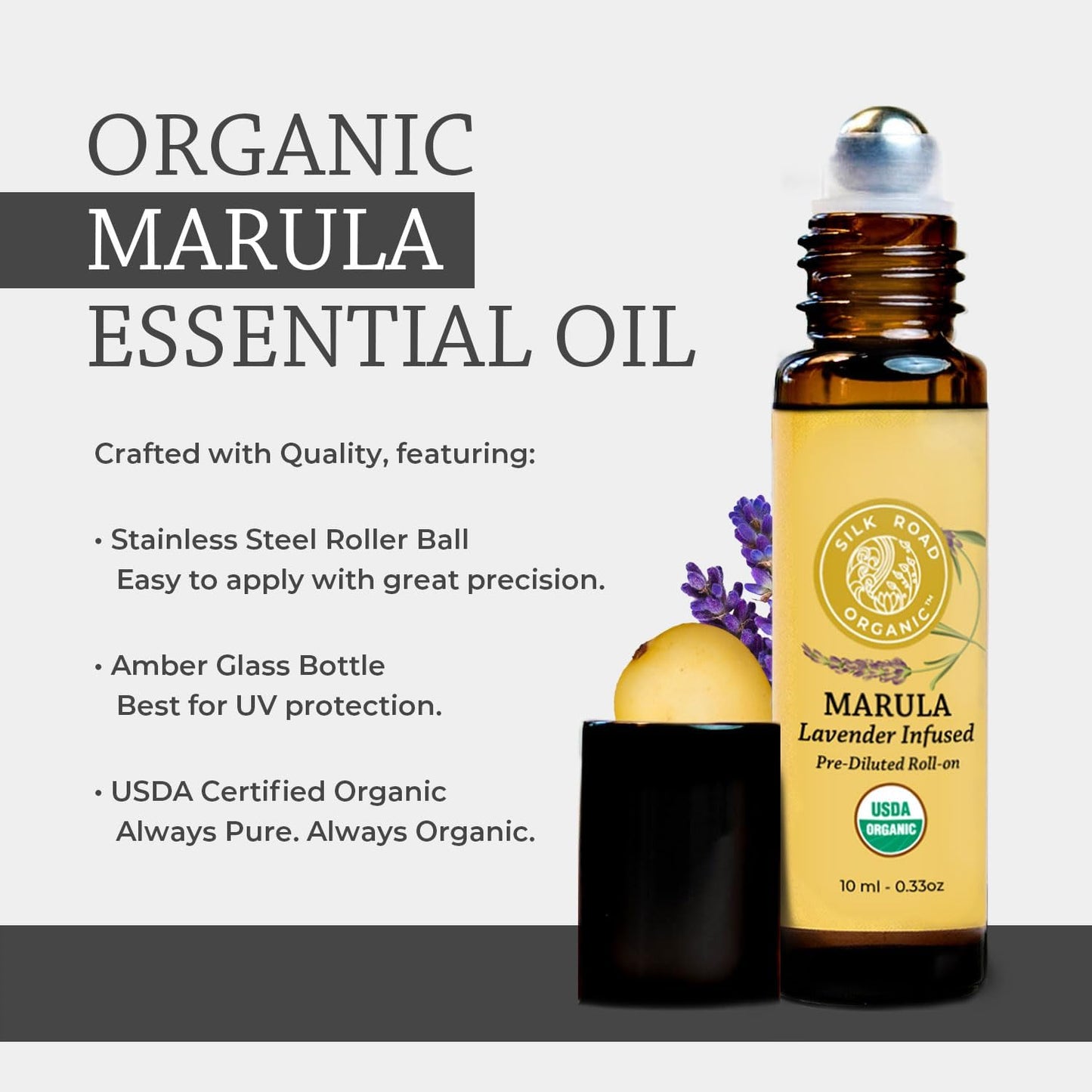 Silk Road Organic Marula Seed & Lavender Essential Oil, 100% Pure USDA Certified Aromatherapy, Deep Hydration for Face, Body, Lips, Hair, Nails - 10 ml Roller by Silk Road Organic
