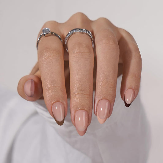 BTArtbox French Tip Press On Nails, Short Almond Supremely Fit & Natural Glue On Nails with Nail Glue, Reusable Stick On Nails in 16 Sizes - 30 Soft Gel Fake Nails Kit, Morning Coffee