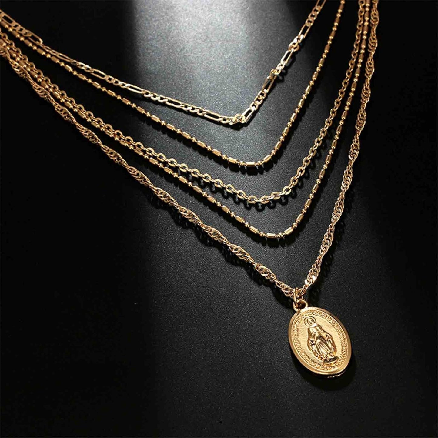 Boho Layered Oval Coin Necklace Choker Gold Virgin Mary Necklace Figaro Chain Necklace Vintage Multilayer Necklace Chain Jewelry for Women and Girls