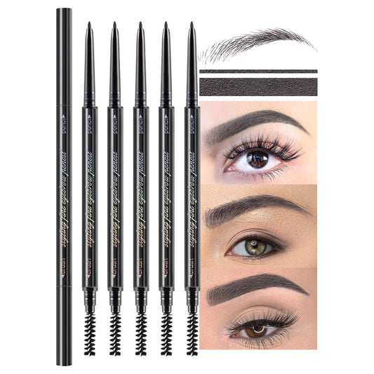 5 Pcs Waterproof Dual-Sided Fine Tip Eye Brow Pencils Pack,Ultra-Fine Mechanical Precise Pencil,Draws Tiny Brow Hairs, Defines, Fills Eyebrows, Shapes, Contours, Combs,1mm Pen Point(Pack of 5)-Gray